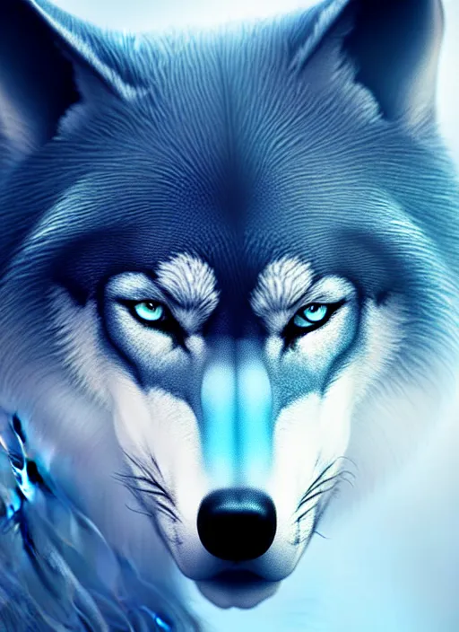 Prompt: blue wolf, red eyes highly detailed, deep focus, elegant, digital painting, smooth, sharp focus, illustration, ultra realistic, 8 k, art by wlop