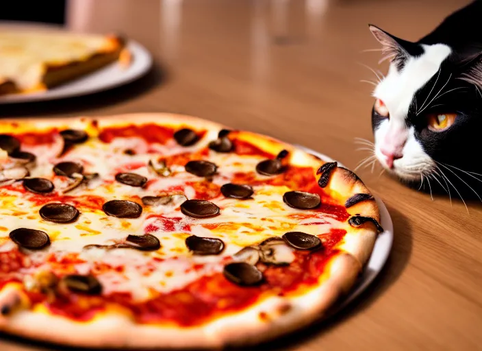 Image similar to photo of a very fat cat eating pizza. nikon d 8 5 0 5 5 mm. dof. cinematic postprocessing.