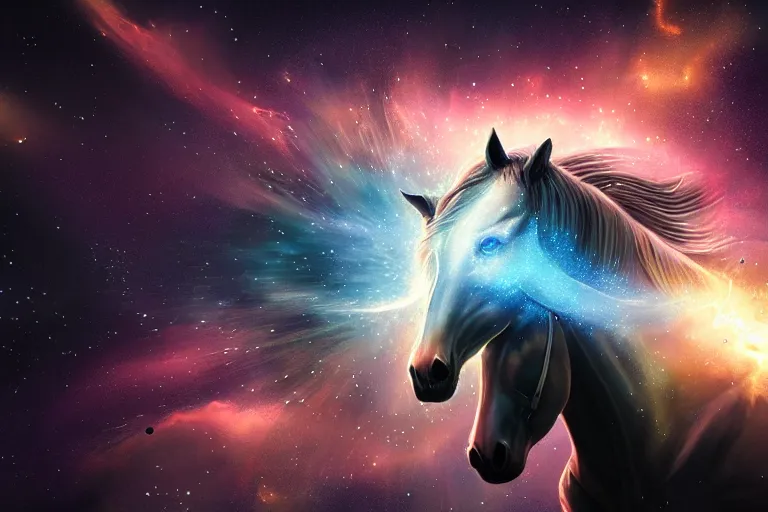 Image similar to a stunning horse made of a illuminated star chart running through a space nebula by greg rutkowski, high key lighting, volumetric light, digital art, highly detailed, fine detail, intricate, ornate, complex, octane render, unreal engine, photorealistic