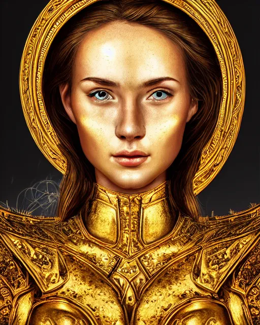 Image similar to fresco portrait of woman in shining golden armor, high production value, intricate details, high resolution, hdr, high definition, masterpiece, realistic, ultrarealistic, highly detailed, hd, sharp focus, non blurry, sharp, smooth