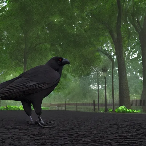 Prompt: a big friendly jungle crow in a park in a rainy day, digital painting, ultra detailed, unreal engine 5