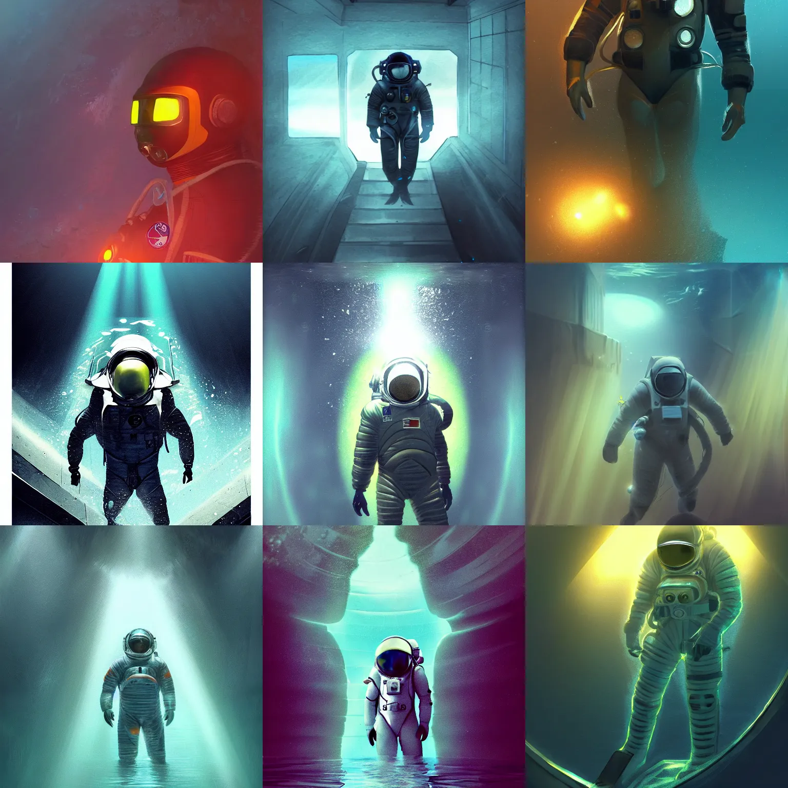 Prompt: concept art in the dark underwater diver astronaut with meka helmet standing on the stairs. wet reflection material. rays and dispersion of light breaking through the deep water. trend artstation