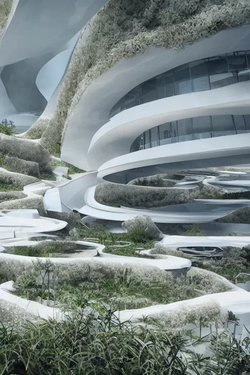 Image similar to bioremediation white architecture, in chuquicamata, epic, cinematic, hyperealistic, high detailed, corona render, hdr, ray tracing