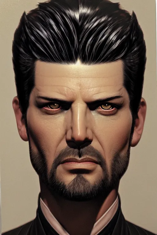 Prompt: Adam Jensen face up close, light streaking in from blinds, by J. C. Leyendecker