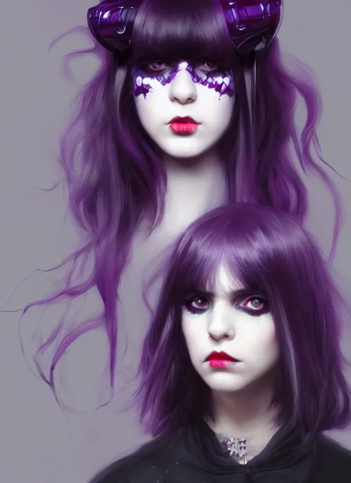 Image similar to portrait of white teenage girl, normal face, black bangs, mall goth, cyberlox, black and white hair, bangs, fluffy bangs, red contacts, purple lipstick, intricate, elegant, highly detailed, digital painting, artstation, concept art, sharp focus, smooth, illustration, art by wlop, mars ravelo and greg rutkowski