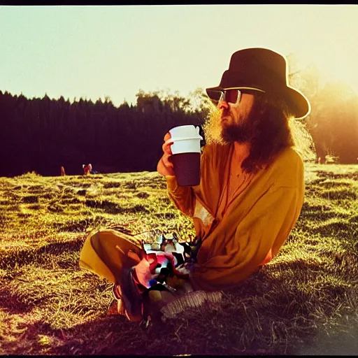 Image similar to portrait of a hippie drinking a coffee on the surface of the sun, kodak portra,