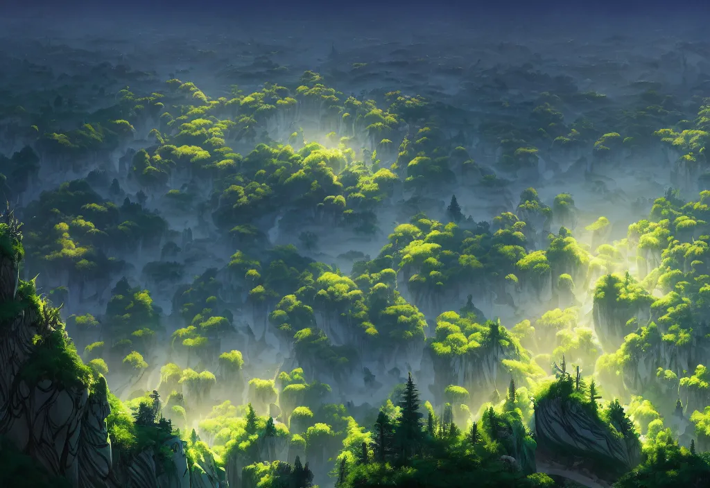 Image similar to high view of the background of a forest that has an endless pit in the bottom of the image, stylised painting, visible brush strokes, forest, medieval architecture, dynamic lighting, aesthetics, smooth, d & d, fantasy, asymmetrical, intricate, elegant, matte painting, by makoto shinkai borderlands and by feng zhu rossdraws