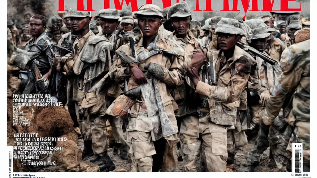 Prompt: ethiopian civil war, derg, moody, in the cover of time magazine