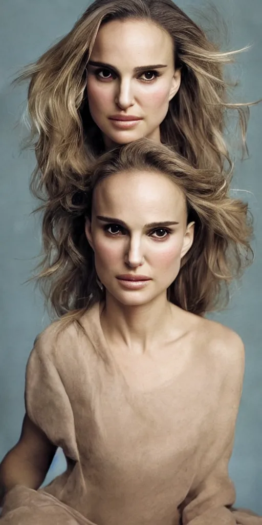 Image similar to a still of natalie portman a beautiful looking off into the distance, wavy medium - length blond hair, beautiful eyes, medium shot, with a soft, natural light falling on her face. the focus is on her eyes and brows, which are perfectly shaped and well - defined. by annie leibowitz