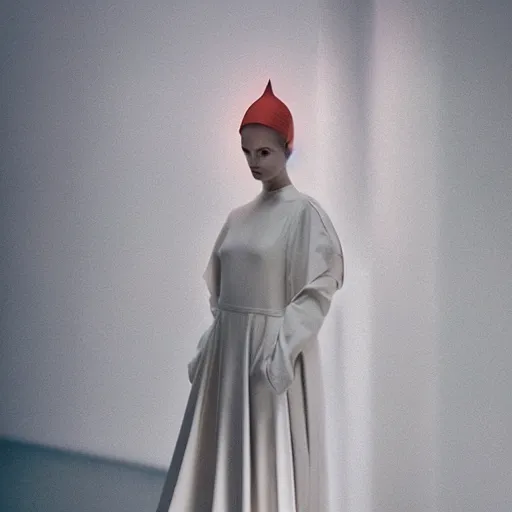 Prompt: Fashion photography of a woman wearing a futuristic outfit inspired by The Handmaid’s Tale (2017), intricate, artistic photography, cinematic lighting, insanely detailed, cinestill 800t, Vogue magazine