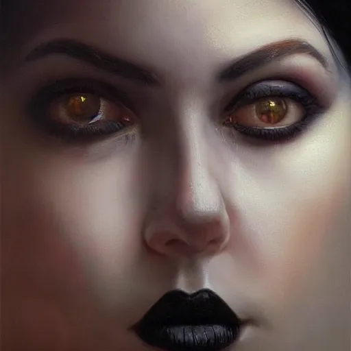 Prompt: Face of a beautiful woman with very black hair, intimidating woman, large black eyes, high forehead, smooth pale skin, ethereal skin, ominous, eldritch. oil painting by nuri iyem, james gurney, james jean, greg rutkowski, highly detailed, soft lighting, chiaroscuro