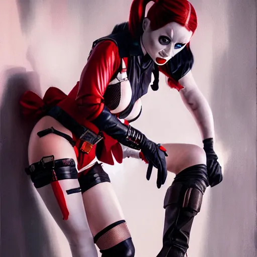 Image similar to detailed photograph of salena gomez as harley quinn with stockings, 8 k, by greg rutkowski, artgerm, global illumination