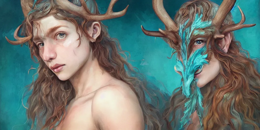 Image similar to beautiful digital painting of freya allan with teal skin and antlers made of wood on her head, brown curly hair with orange oak leaves, heart shaped face, D&D, fantasy, intricate, beautiful eyes, cinematic lighting, highly detailed, digital painting, Artstation, concept art, smooth, sharp focus, illustration, art by Artgerm and Greg Rutkowski, Alphonse Mucha and Rossdraws