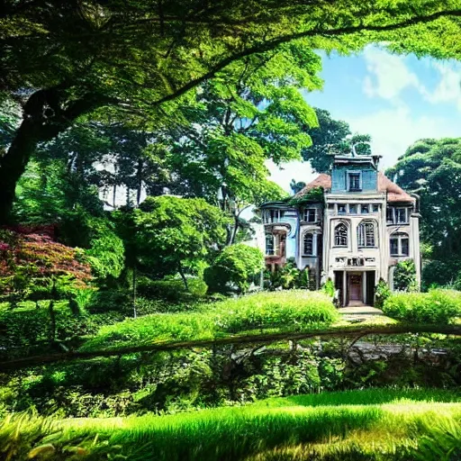 Image similar to beautiful old mansion surrounded by lushwoods in style of ghibli