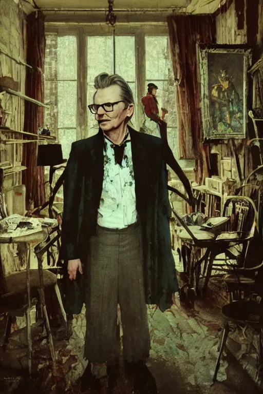 Prompt: portrait of gary oldman as a giant vampire, room of old hut in background, illustration by norman rockwell and greg rutkowski