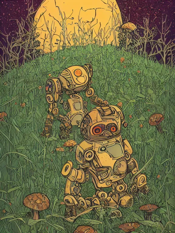 Prompt: large broken and abandonned robot sitting in forbidden forest with grass and mushrooms on its head, stylized illustration by moebius, victo ngai, colorful comics style