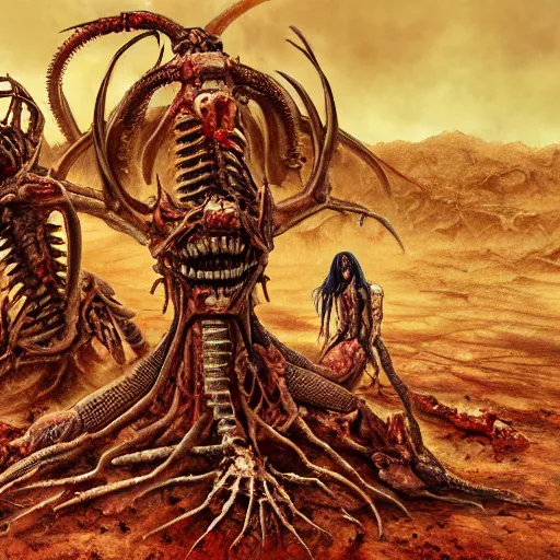 Image similar to conjoined demon twins emerging from pile of corpses in a desert hellscape covered in blood by Yoshitaka Amano, by HR Giger, biomechanical, 4k, hyper detailed, hyperrealism, anime, a Broken World demons flying overhead, red sky, blood and body parts, deviantart, artstation