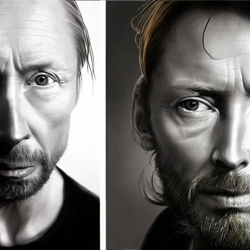 Image similar to collages, hyper realistic, many variations portrait of very old thom yorke, face variations, singer songwriter, ( side ) profile, liminal space, by lee bermejo, alphonse mucha and greg rutkowski, greybeard, smooth face, cheekbones