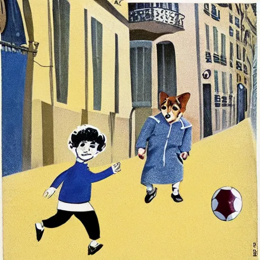 Image similar to book illustration of a french boy on the streets of paris playing football against a corgi, the dog is wearing a polka dot scarf, 1 9 6 6