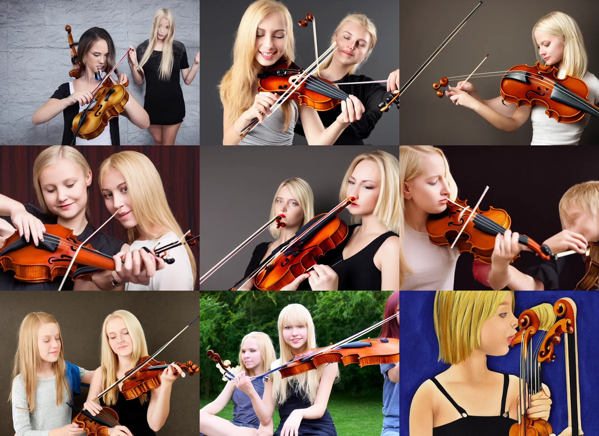 Prompt: blonde girl cuts the strings on the violin