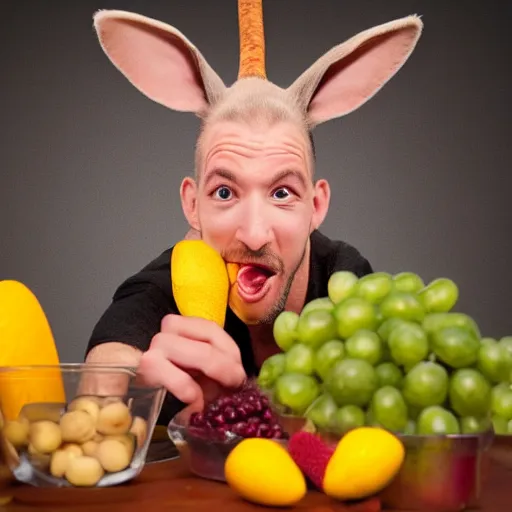 Image similar to a man with a long nose, eating fruits, maniac, idiot, rabbit ears, midshot, camera photography, award winning