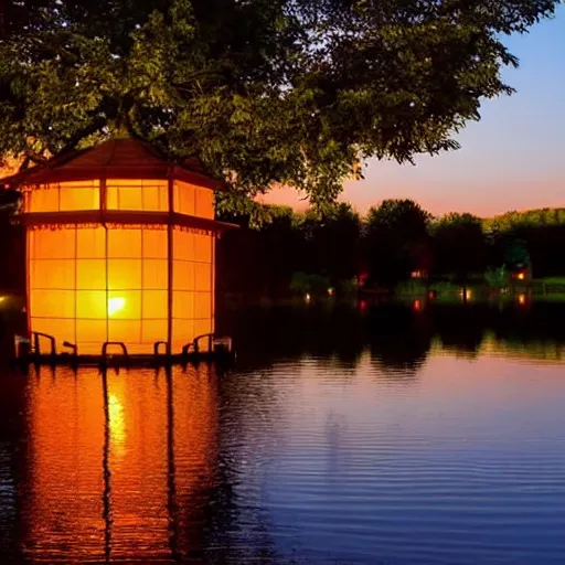 Image similar to a small house by the lake on a beautiful summer night, lanterns, sunset