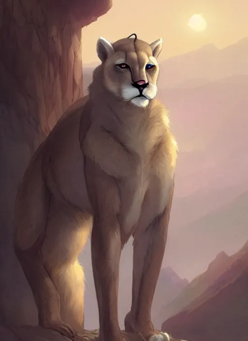 Prompt: beautiful portrait commission of a male furry anthro albino mountain lion wearing miner's clothes in the western frontier. Atmospheric. Character design by charlie bowater, ross tran, artgerm, and makoto shinkai, detailed, inked, western comic book art