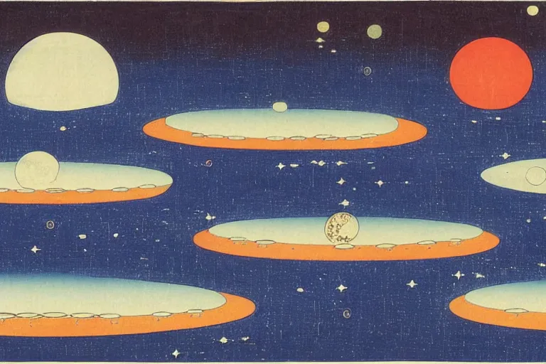 Image similar to eight planets arranged in a row, with stars and sun in background ， by hiroshige utakawa