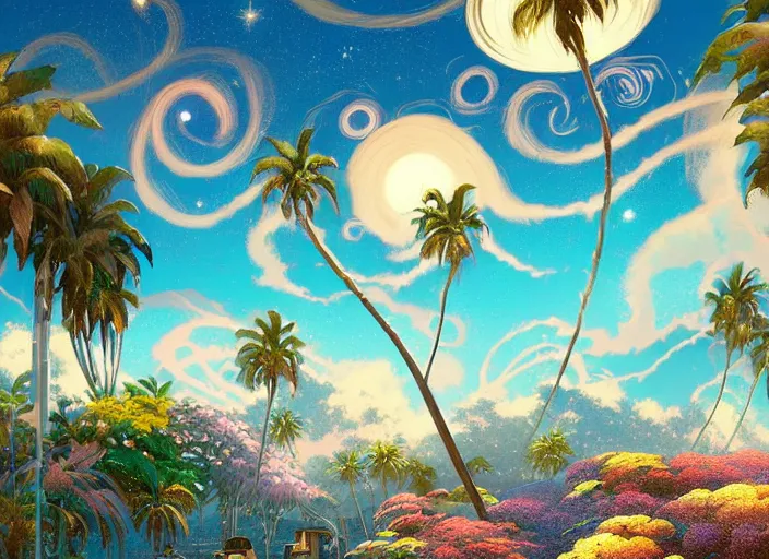 Prompt: harmony of swirly clouds, starry night, deep blue night sky, tropical island, palm trees, flowers, by wlop, james jean, victo ngai! muted colors, highly detailed, fantasy art by craig mullins, thomas kinkade