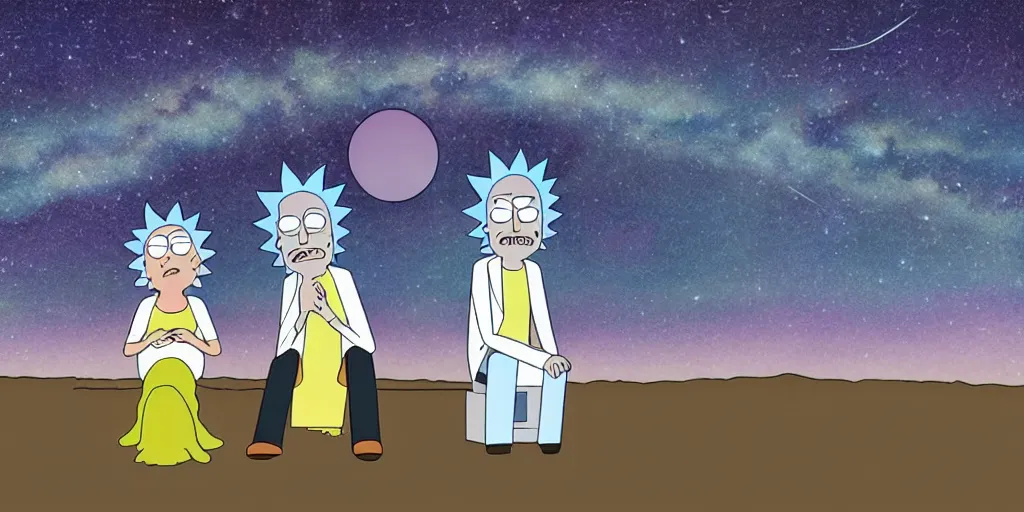 Image similar to rick and morty sitting on toilet, sky full of stars and milkyway is viewable, mystical, art