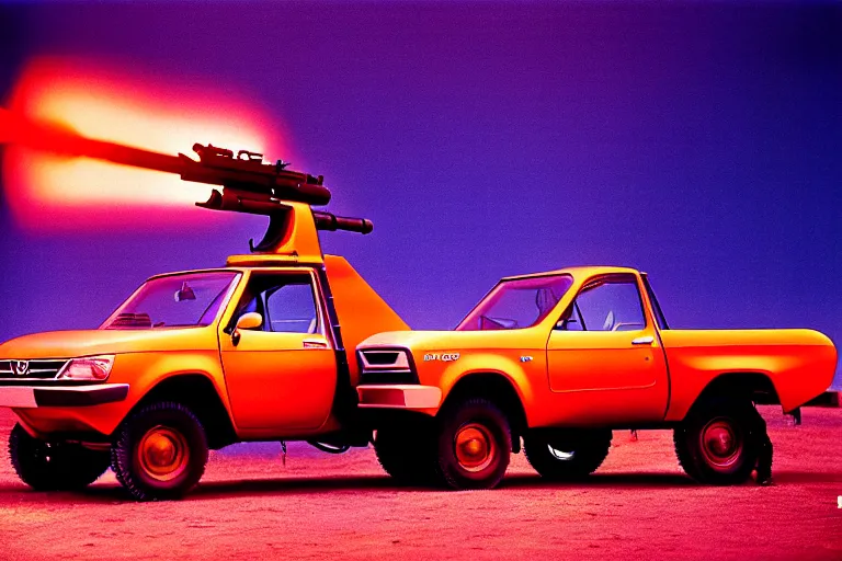 Image similar to stylized poster of a toyota hilux with an anti - aircraft gun in the back concept, thick neon lights, ektachrome photograph, volumetric lighting, f 8 aperture, cinematic eastman 5 3 8 4 film