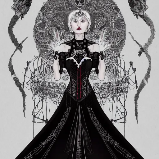 Prompt: beautiful and haunting portrait of a death countess, in the style of Midjourney, elegant and intricate stylized design of royal dress with corset, ethereal, sinister, cinematic, art style by James Jean, Darius Zawadzki, Artstation trending, 8k