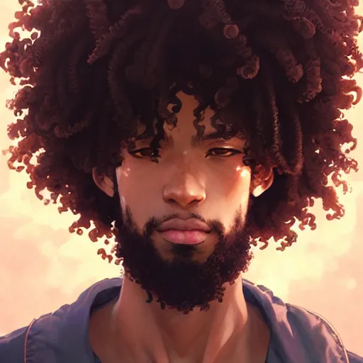 Image similar to Portrait of man with curly hair and brown skin, atmospheric lighting, intricate detail, cgsociety, ambient light, dynamic lighting, anime style by Yusuke Kozaki