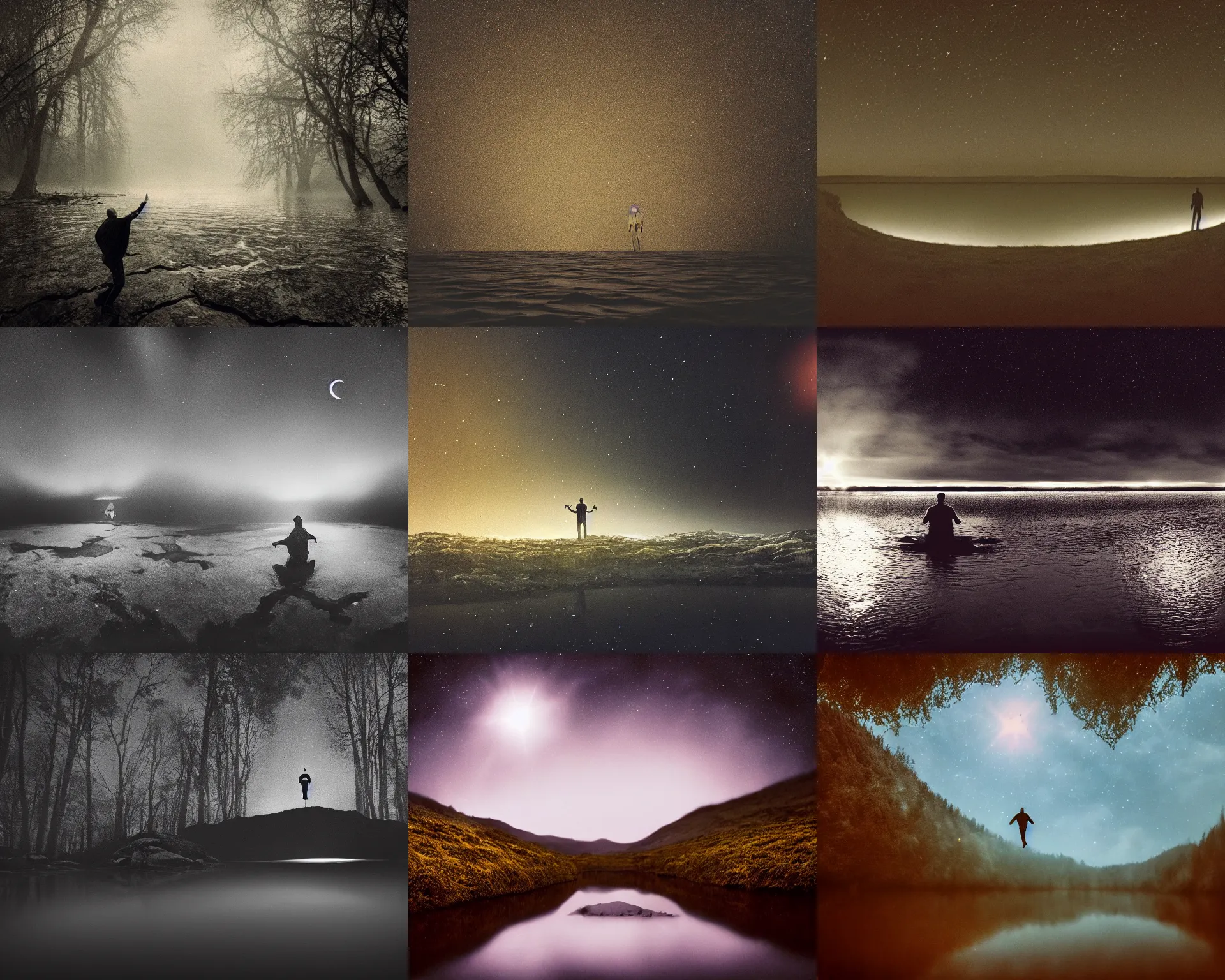 Prompt: dark eerie movie frame, a man floating above the magic shining river styx, a ghost, northern star at night, otherworldly, dreamlike, stanley kubrick, 1 7 mm, panorama shot, surreal, deep, detailed 4 k