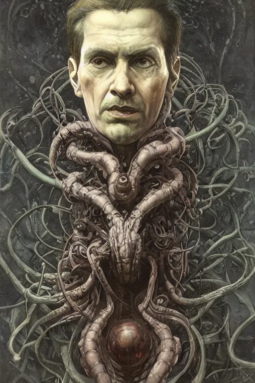 Image similar to portrait of dr octavius in the style of wayne barlowe, gustav moreau, peter mohrbacher, bussiere, roberto ferri, santiago caruso, luis ricardo falero, austin osman spare