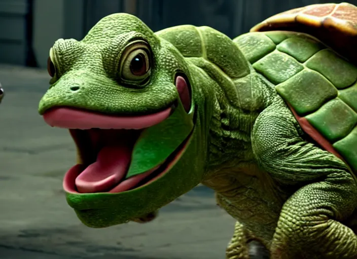 Image similar to film still of yoshi in the new sci - fi movie, cute upright dinosaur with a small turtle shell and long tongue, 8 k