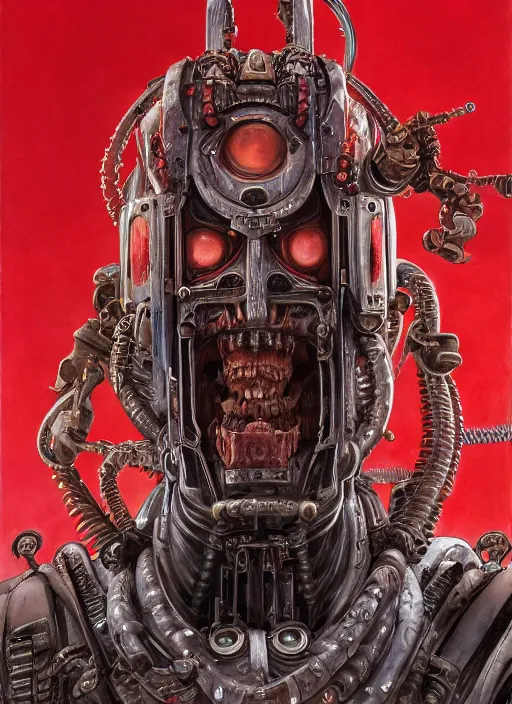 Image similar to portrait of rotten Nicolas Cage as adeptus mechanicus in red hood and robe from Warhammer 40000, mechanical tentacles. Highly detailed, artstation, illustration by and John Blanche and zdislav beksinski and wayne barlowe