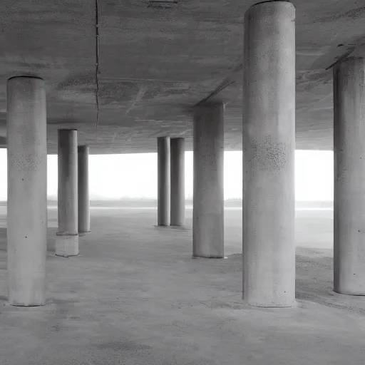 Prompt: a flate endless plane of concrete covered in concrete pillars, open sky