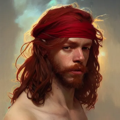 Prompt: portrait of a young rugged pirate, upper body, red hair, long hair, D&D, fantasy, intricate, elegant, highly detailed, digital painting, artstation, concept art, matte, sharp focus, illustration, art by Artgerm and Greg Rutkowski and Alphonse Mucha