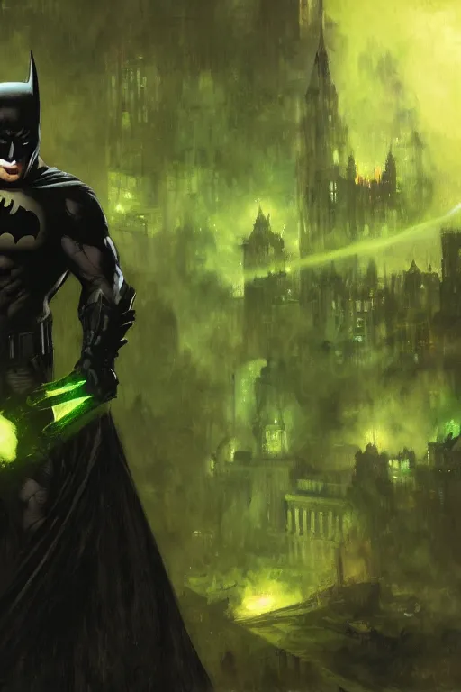 Prompt: angry batman, with dark ghost smokes around, green scary lights, dark fantasy color scheme, gaston bussiere, craig mullins, j. c. leyendecker, cinematic, mysterious, artgem, unreal engine