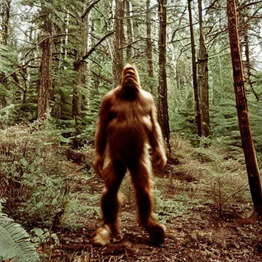 Prompt: a 35mm photo of Bigfoot in a forest wearing sunglasses, found footage