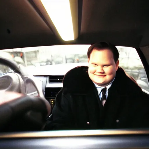 Image similar to 1 9 9 8 andy richter wearing a black wool coat and necktie in his car driving through the streets of chicago at night, point of view from back seat of car, warm, cozy, safe atmosphere