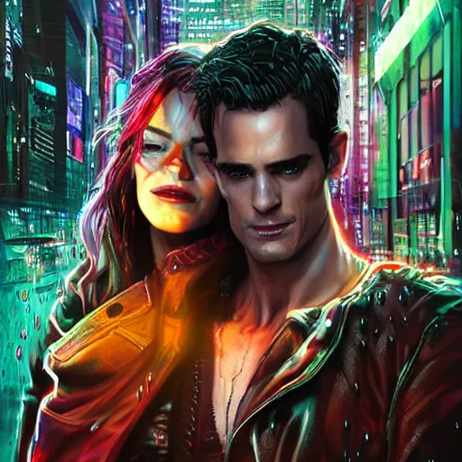 Image similar to An epic fantasy comic book style full body portrait painting of very beautiful cyberpunk hackers Matt Bomer and Emma Stone in the rain, neon reflections in the rain puddles, stunning 3d render inspired art by Tim Okamura and Lise Deharme + perfect facial symmetry + dim volumetric lighting, 8k octane beautifully detailed render, post-processing, extremely hyperdetailed, intricate, epic composition, grim yet sparkling atmosphere, cinematic lighting + masterpiece, trending on artstation, very very detailed, masterpiece, stunning