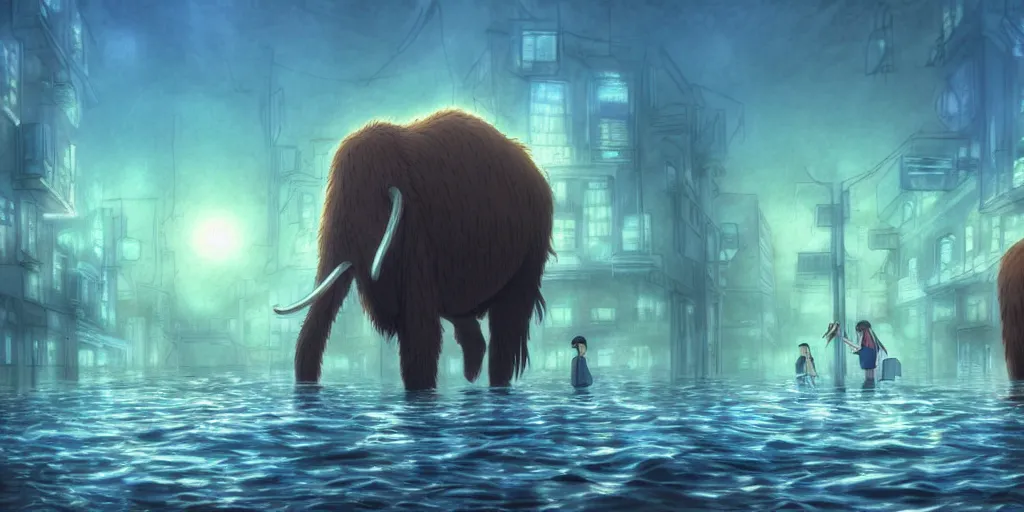 Prompt: a realistic cell - shaded studio ghibli concept art from paprika ( 2 0 0 6 ) of a giant wooly mammoth in a flooded futurist city on a misty starry night. very dull colors, wide shot, hd, 4 k, hq