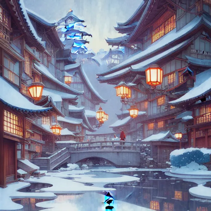 Image similar to japanese city, winter, in the style of studio ghibli, j. c. leyendecker, greg rutkowski, artem