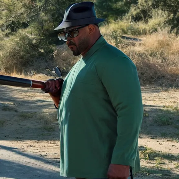 Image similar to Still of Big Smoke with green clothing with a baseball bat in Better Call Saul