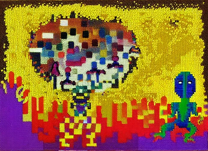 Image similar to pixel decollage painting golden armor alien zombie horseman riding on a crystal bone dragon broken rainbow diamond maggot horse in a blossoming meadow full of colorful mushrooms and golden foil toad blobs in a golden sunset, distant forest horizon, painted by Mark Rothko, Helen Frankenthaler, Danny Fox and Hilma af Klint, pixelated, neo expressionism, semi naive, pastel colors, cinematic, color field painting, cave painting, voxel, pop art look, outsider art, minimalistic. Bill Traylor painting, part by Philip Guston,Amano and Francis Bacon. art by Adrian Ghenie, very coherent symmetrical artwork, cinematic, hyper realism, high detail, octane render, unreal engine, Smooth gradients, depth of field, full body character drawing, extremely detailed, 8k, extreme detail, intricate detail, masterpiece