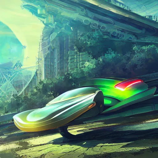 Image similar to solarpunk hovercar, clean energy, green technology, batoidea shape, airspace, sunny day, futurism, intricate, engines, glow, highly detailed, peaceful, utopia, bright, digital painting, artstation, concept art, smooth, sharp focus, epic landscape, art by akihiko yoshida and tim mcburnie and anato finnstark