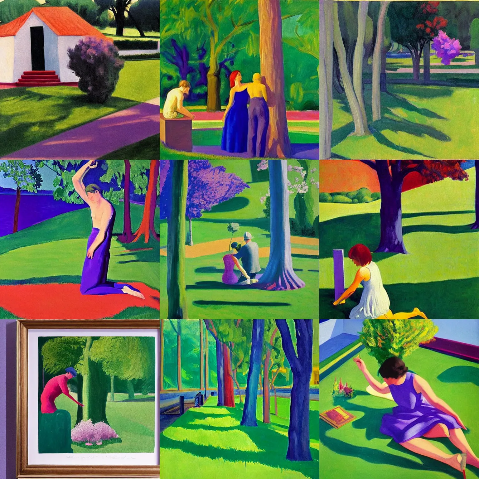 Prompt: painting, we met when we were almost young deep in the green lilac park, you held on to me like i was a crucifix, as we went kneeling through the dark, by edward hopper and david hockney