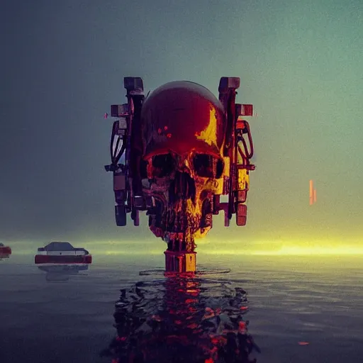 Prompt: beautiful dark bloody flooded landscape, giant robot wearing human skull, in the style of beeple and Mike Winkelmann, photo real, ultra realistic, intricate, epic lighting, 8k resolution, unreal engine 5, ultraviolet colors,